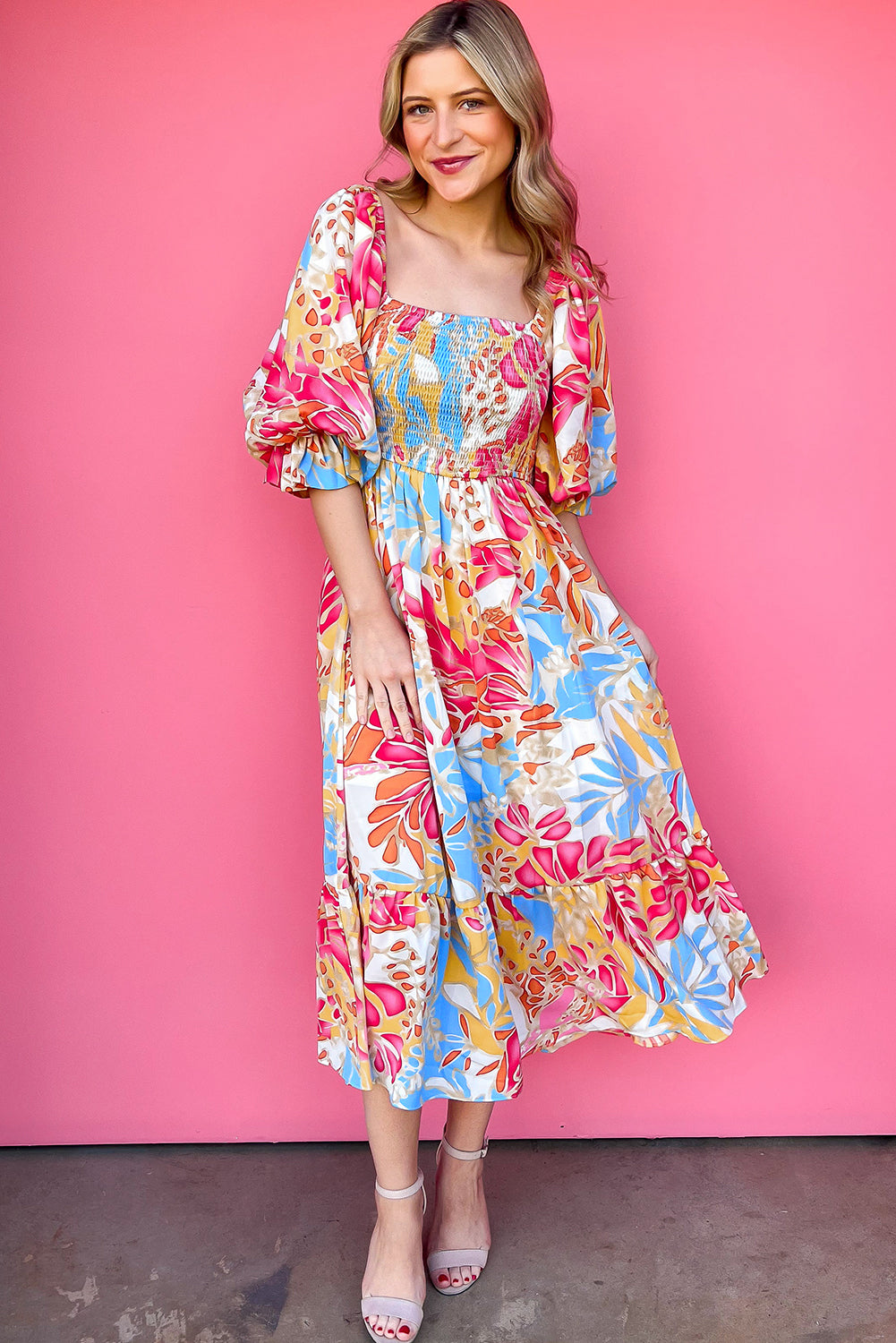 Rose Red Tropical Print Smocked Bodice Puff Sleeve Midi Dress