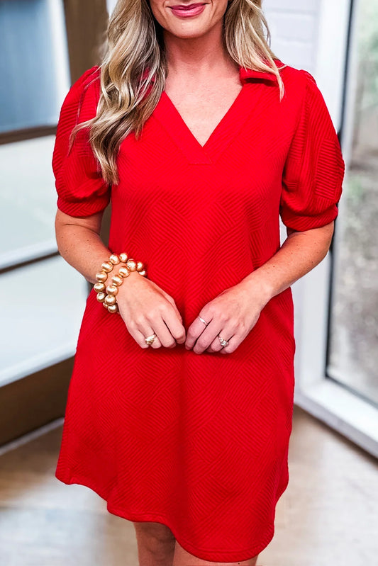 Fiery Red V Neck Puff Sleeve Textured Mini Dress