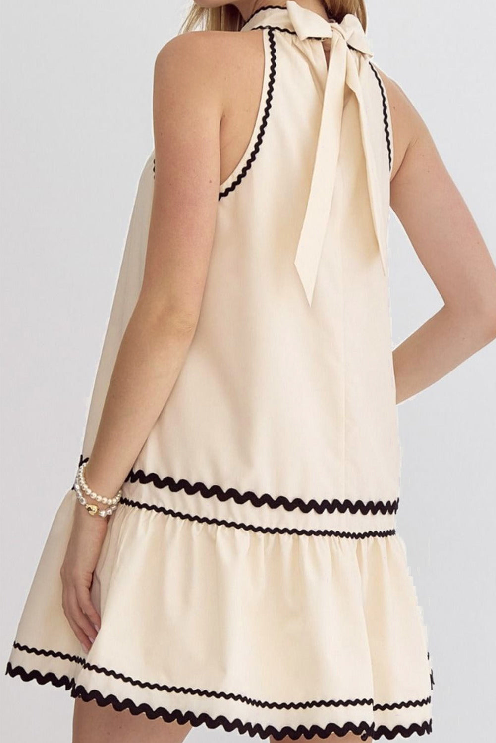 Khaki Striped Ricrac Sleeveless Mini Dress