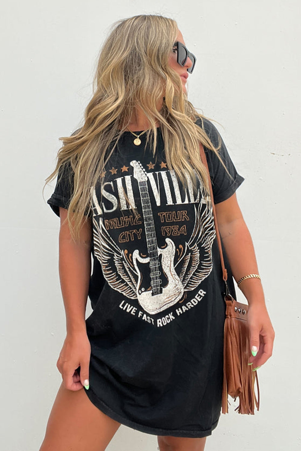 Black Nashville Guitar Print Mini T-Shirt Dress