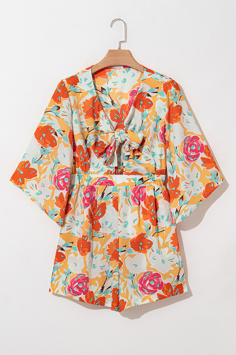 Orange Floral Print Front Tie V Neck Romper