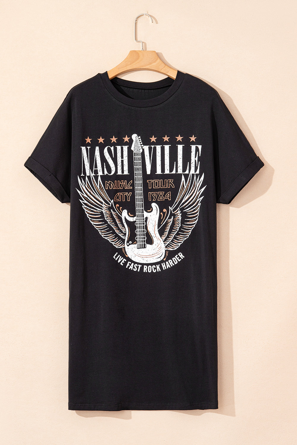 Black Nashville Guitar Print Mini T-Shirt Dress