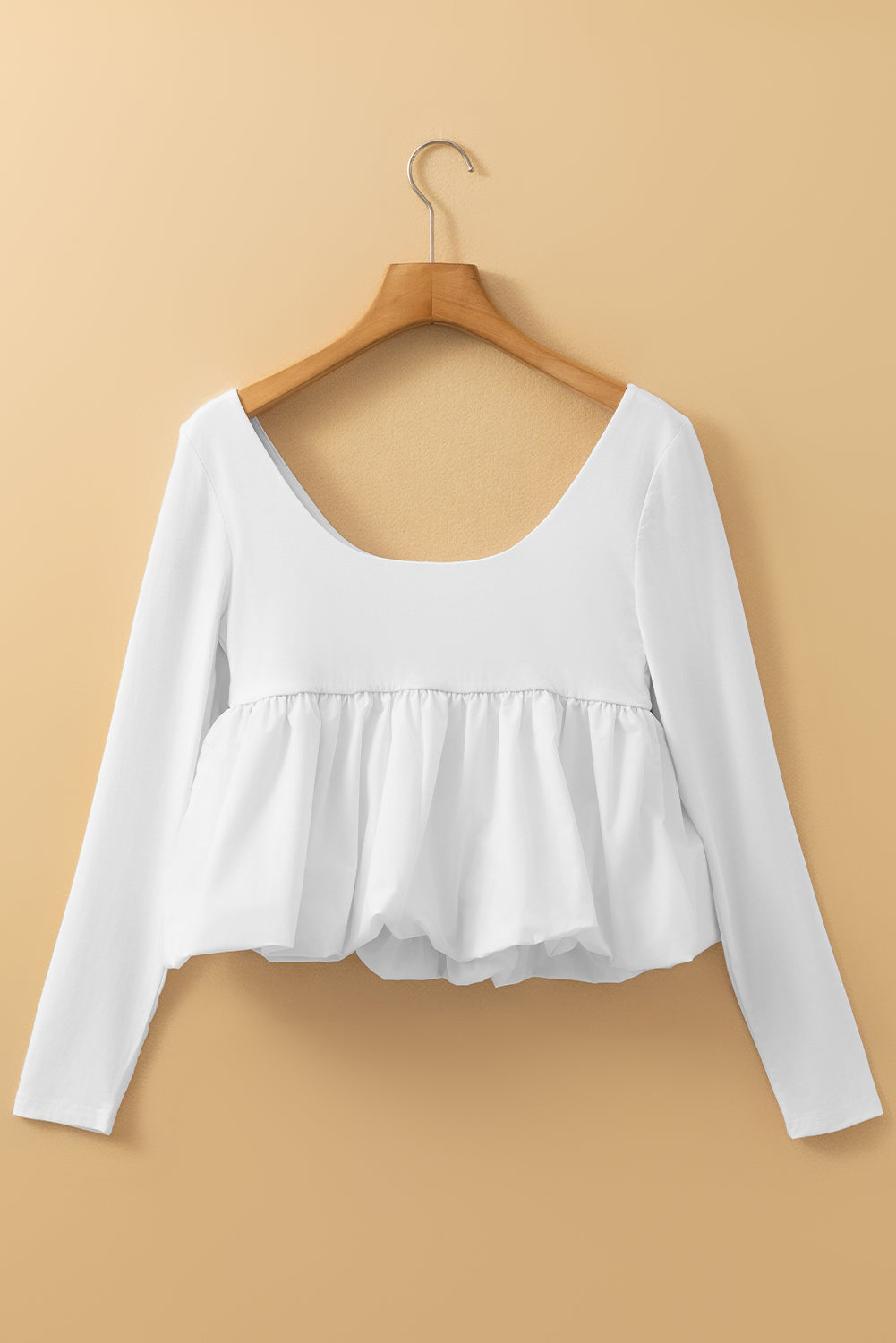 White Elegant Scoop Neck Bubble Hem Long Sleeve Top