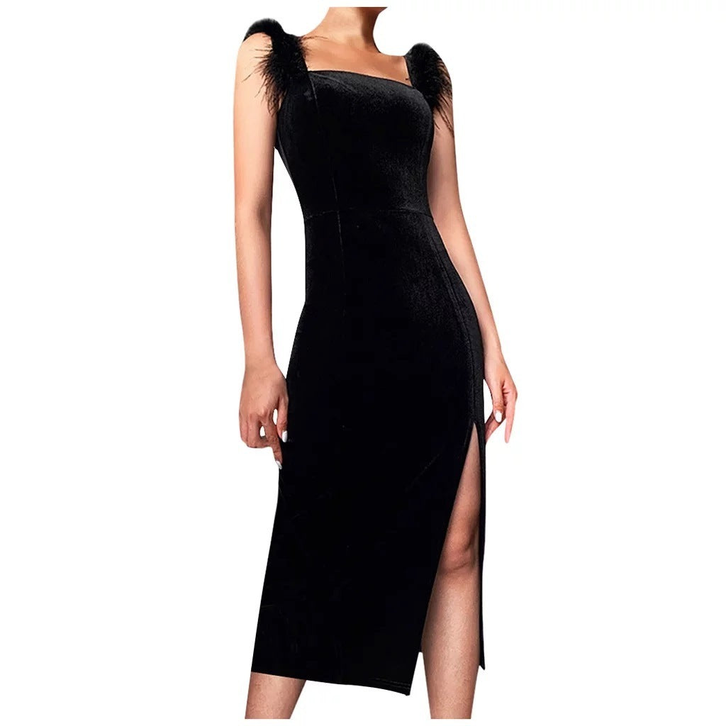 Elegant Slim Fit High Slit Sexy Pleuche Mid-length Dress