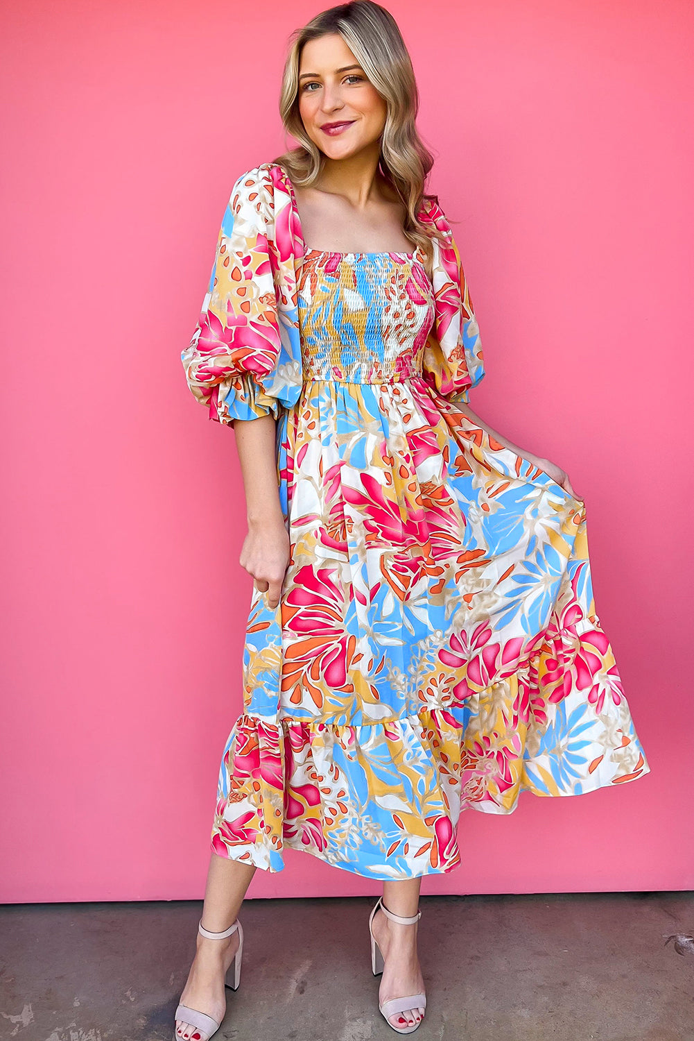 Rose Red Tropical Print Smocked Bodice Puff Sleeve Midi Dress