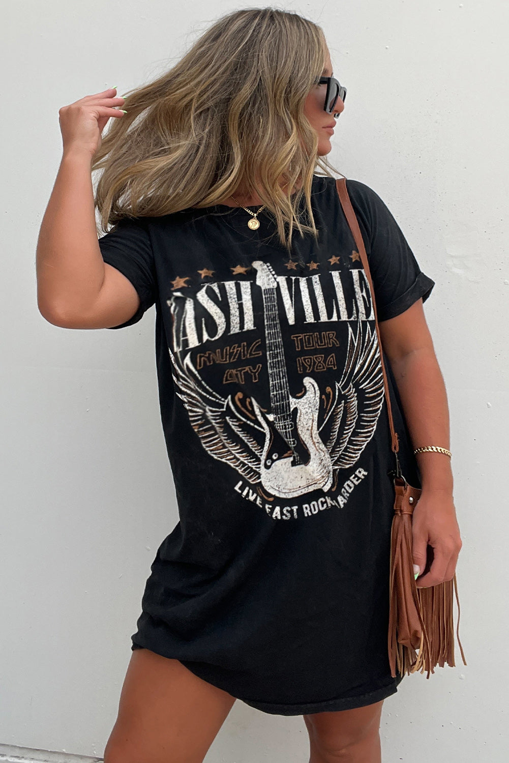 Black Nashville Guitar Print Mini T-Shirt Dress