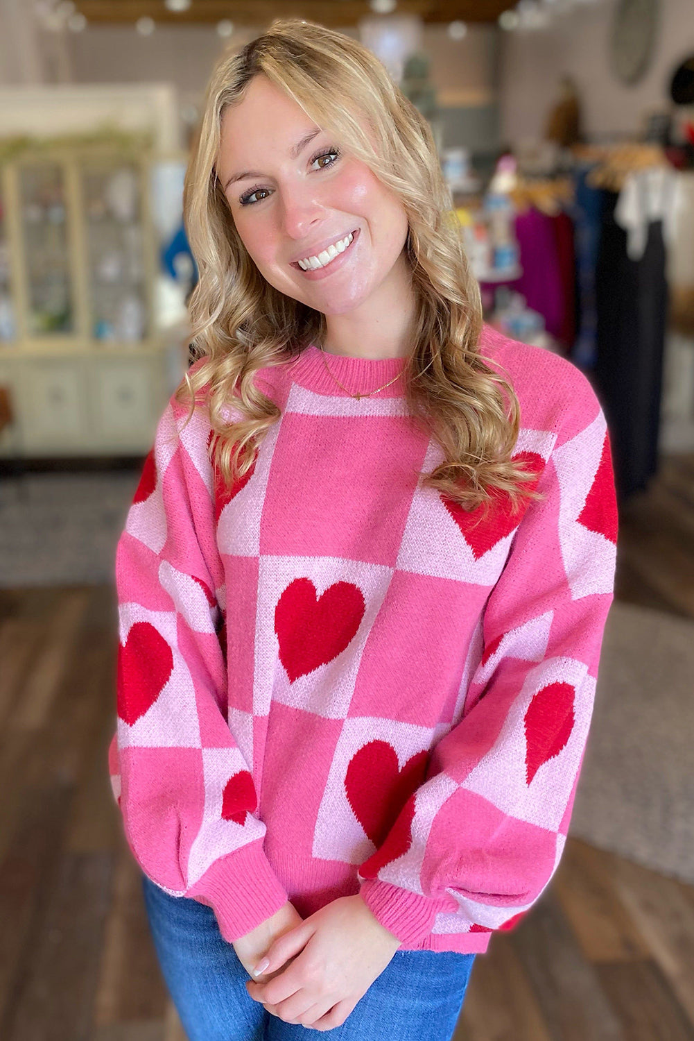 Pink Love Heart Checkered Valentine Knit Sweater