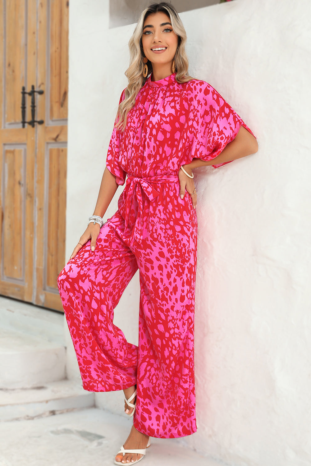 Rose Leopard Print Tulip Sleeve Belted Wide Leg Jumpsuit